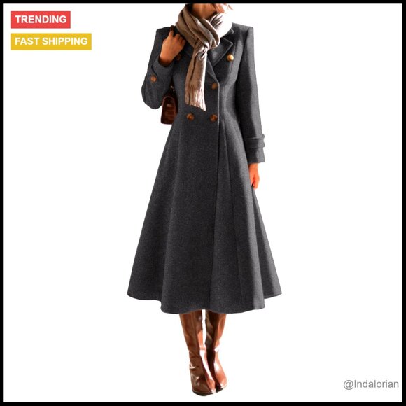 Wool Blend Pea Coat Double Breasted Slim Fit Trench Coat Below Knee